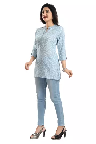 Blue rayon floral printed short kurti for formal looks