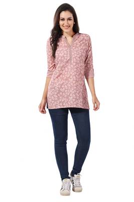 Peach rayon fabric floral printed short kurti for formal looks 1