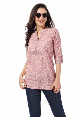 Peach rayon fabric floral printed short kurti for formal looks 3