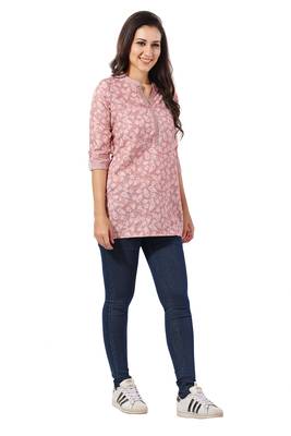 Peach rayon fabric floral printed short kurti for formal looks 4