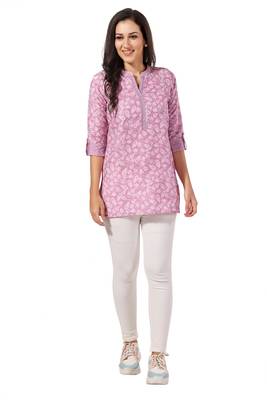 Pink rayon floral printed short kurti for formal looks 1