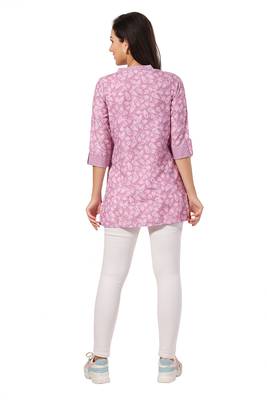 Pink rayon floral printed short kurti for formal looks 2