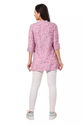 Pink rayon floral printed short kurti for formal looks