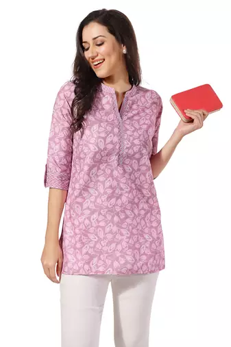Pink rayon floral printed short kurti for formal looks