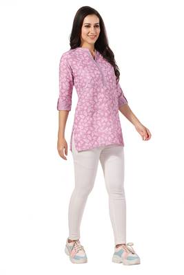 Pink rayon floral printed short kurti for formal looks 4