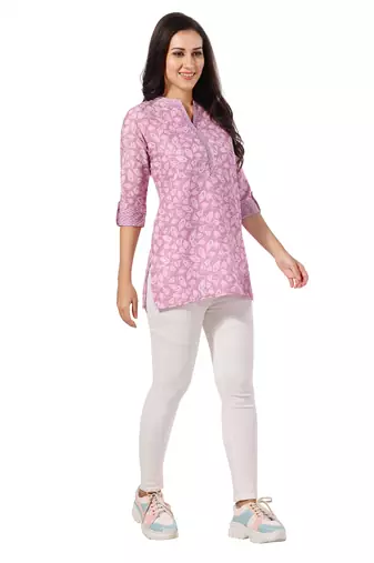 Pink rayon floral printed short kurti for formal looks