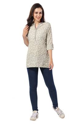 Grey rayon floral printed short kurti for formal looks 1
