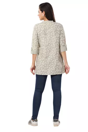 Grey rayon floral printed short kurti for formal looks