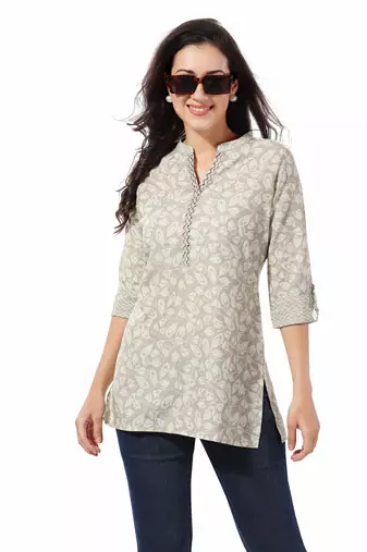 Grey rayon floral printed short kurti for formal looks