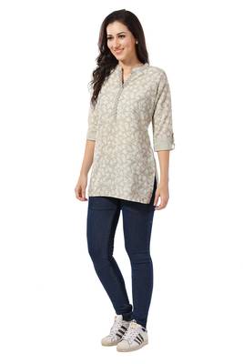Grey rayon floral printed short kurti for formal looks 4
