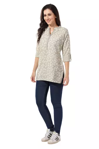 Grey rayon floral printed short kurti for formal looks