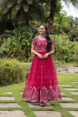 Pink faux georgette ethnic resham and sequins work partywear gown 1