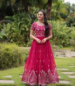 Pink faux georgette ethnic resham and sequins work partywear gown