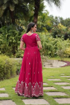Pink faux georgette ethnic resham and sequins work partywear gown 3