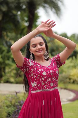 Pink faux georgette ethnic resham and sequins work partywear gown 4