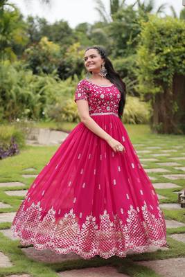 Pink faux georgette ethnic resham and sequins work partywear gown 5