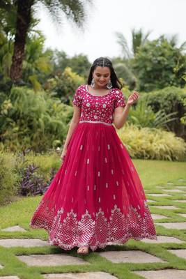 Pink faux georgette ethnic resham and sequins work partywear gown 6
