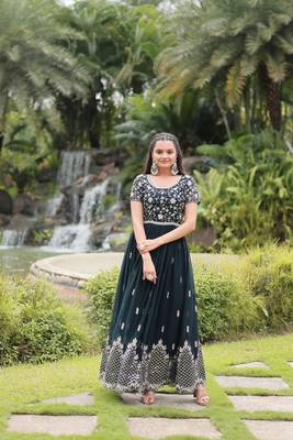Green faux georgette ethnic resham and sequins work partywear gown 1