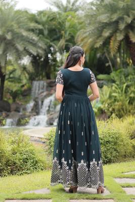 Green faux georgette ethnic resham and sequins work partywear gown 3
