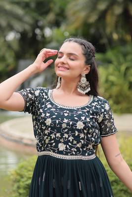 Green faux georgette ethnic resham and sequins work partywear gown 4