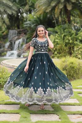Green faux georgette ethnic resham and sequins work partywear gown 5