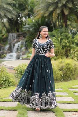 Green faux georgette ethnic resham and sequins work partywear gown 6