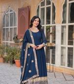 Blue glamorous georgette fabric resham and sequins work ceremonial gown with dupatta