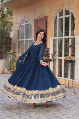 Blue glamorous georgette fabric resham and sequins work ceremonial gown with dupatta 3