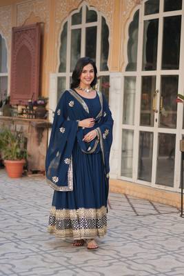 Blue glamorous georgette fabric resham and sequins work ceremonial gown with dupatta 5