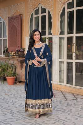 Blue glamorous georgette fabric resham and sequins work ceremonial gown with dupatta 6