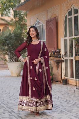 Wine glamorous georgette fabric resham and sequins work ceremonial gown with dupatta 1