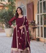 Wine glamorous georgette fabric resham and sequins work ceremonial gown with dupatta
