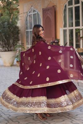Wine glamorous georgette fabric resham and sequins work ceremonial gown with dupatta 3