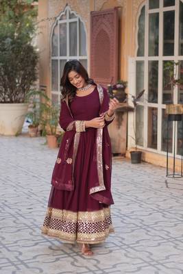 Wine glamorous georgette fabric resham and sequins work ceremonial gown with dupatta 5