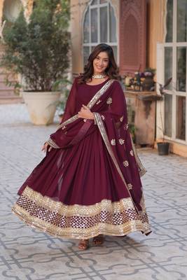 Wine glamorous georgette fabric resham and sequins work ceremonial gown with dupatta 6
