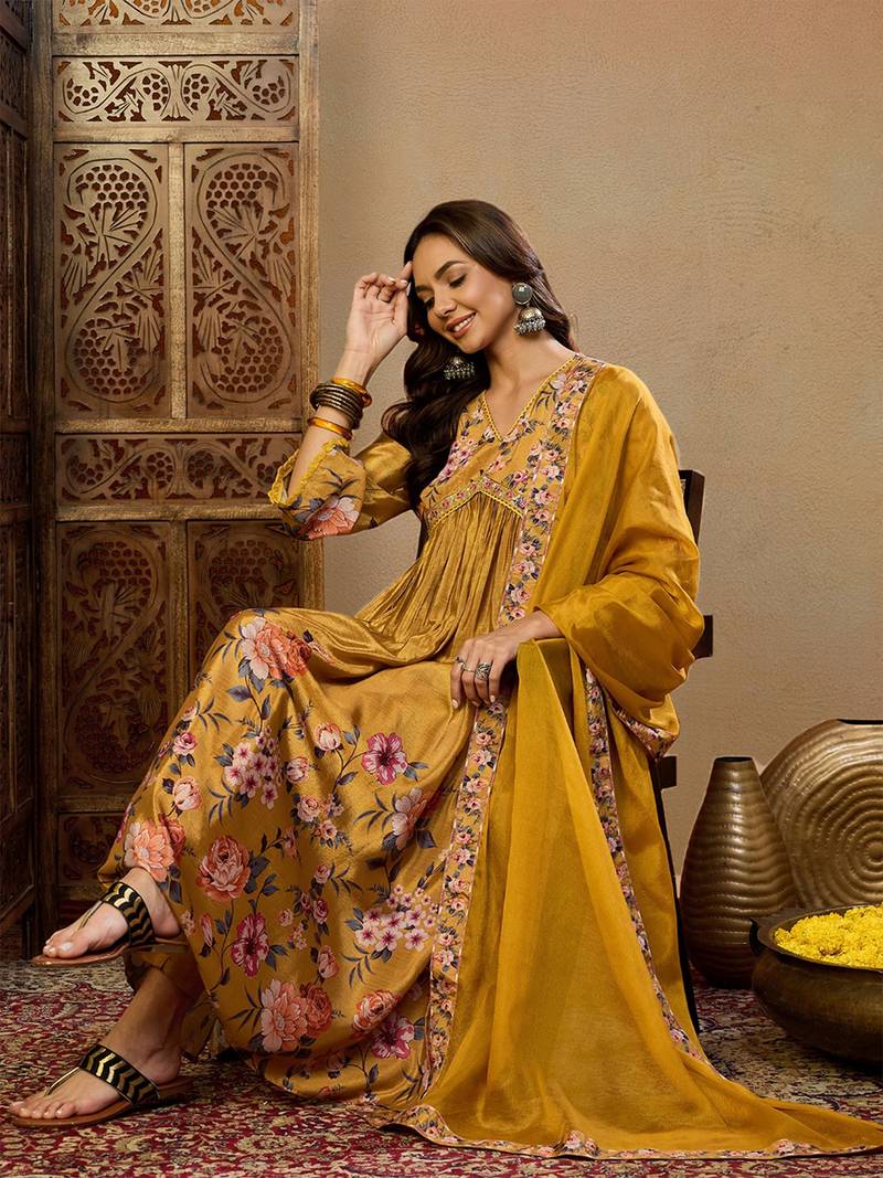 mustard silk blend floral printed a-line kurta trouser with dupatta