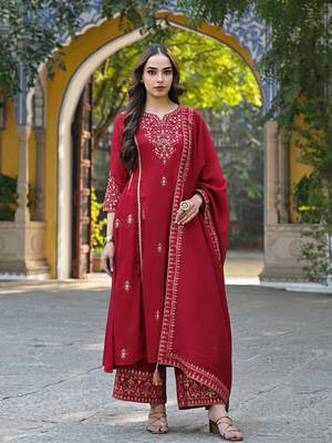 Red color silk blend sequinned work fancy kurta, bottom and dupatta set 6