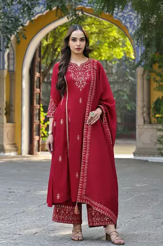 Red color silk blend sequinned work fancy kurta, bottom and dupatta set