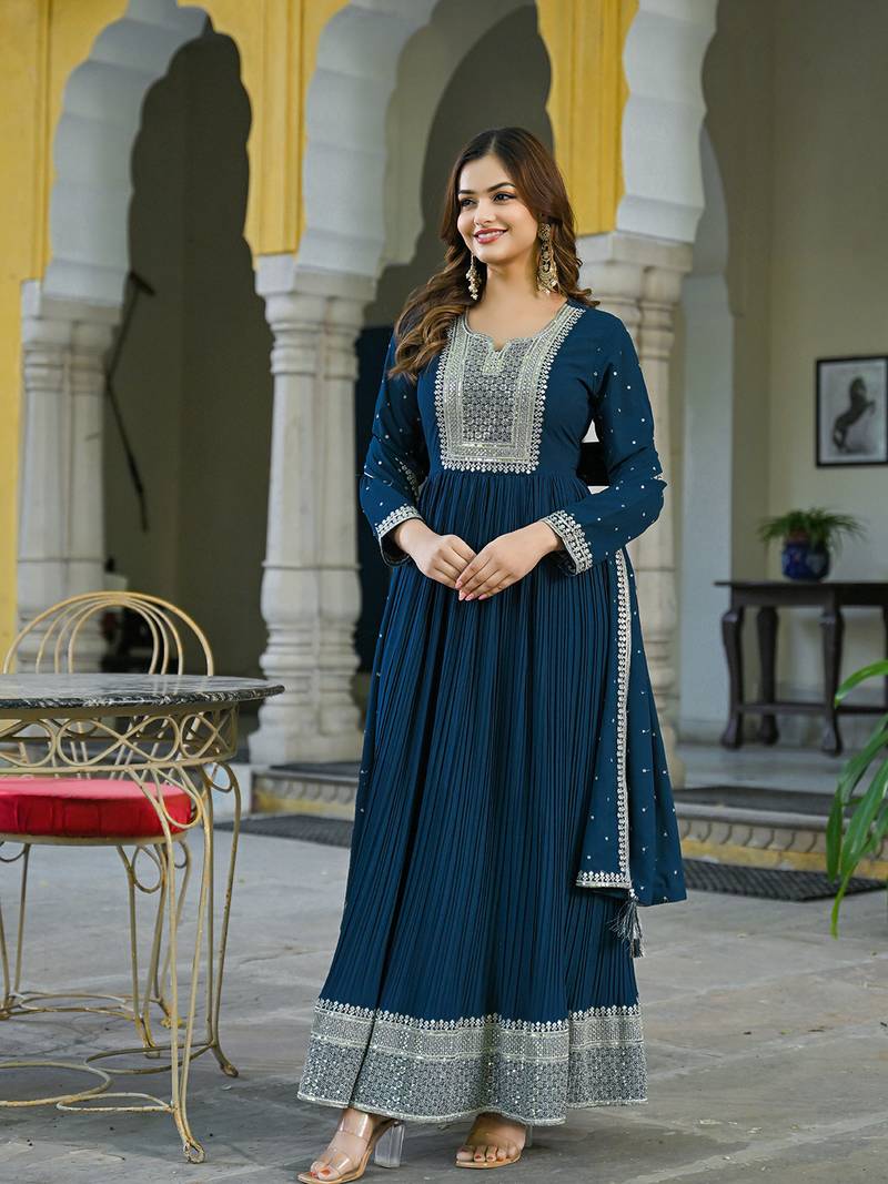 teal solid georgette fancy kurta with dupatta set