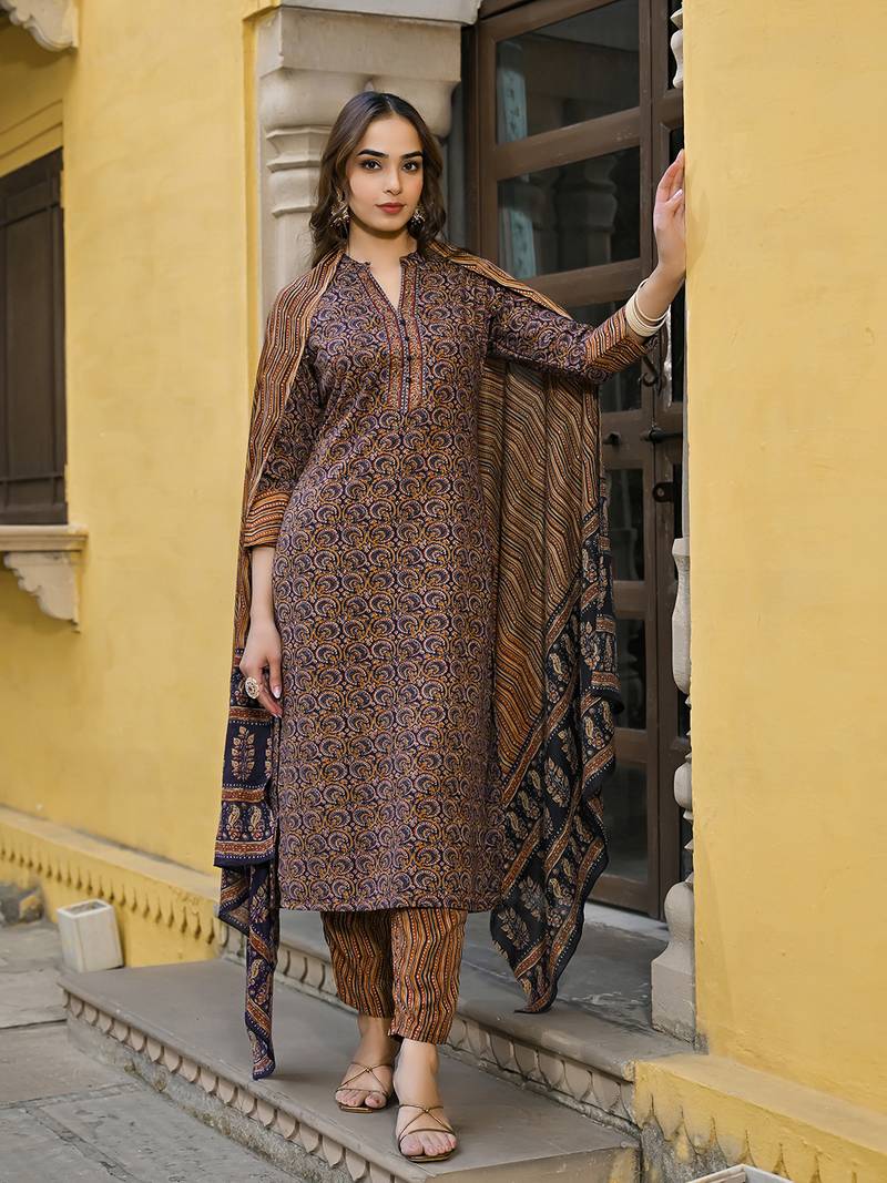 navy blue color printed rayon blend styles kurta trouser with dupatta