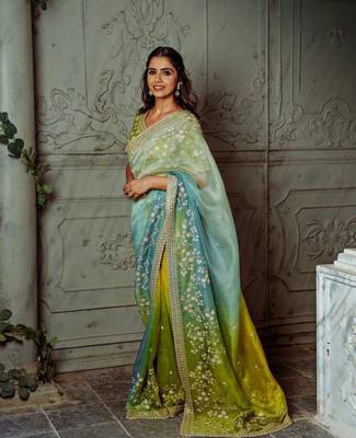 soft organza silk saree with beautiful prism designs with embroidery panel work 1