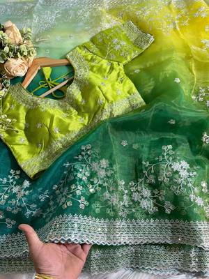 soft organza silk saree with beautiful prism designs with embroidery panel work 4