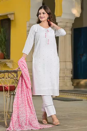 women pink rayon blend solid embroidered straight kurta trouser with dupatta