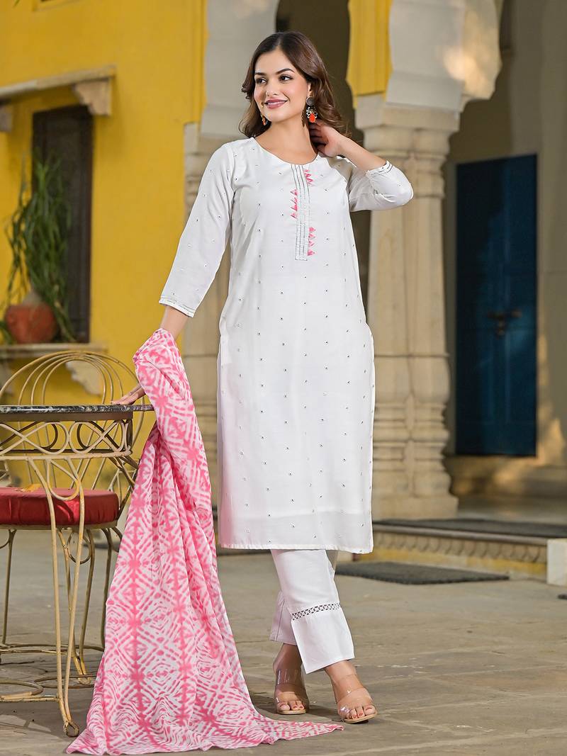 women pink rayon blend solid embroidered straight kurta trouser with dupatta
