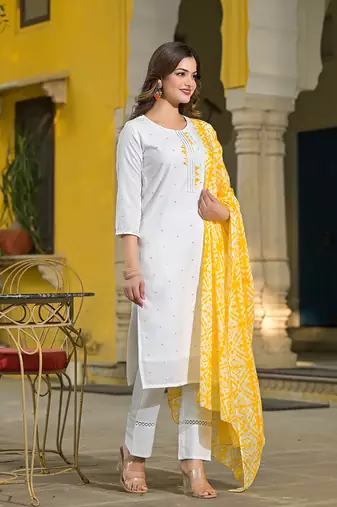 women yellow rayon blend solid embroidered straight kurta trouser with dupatta