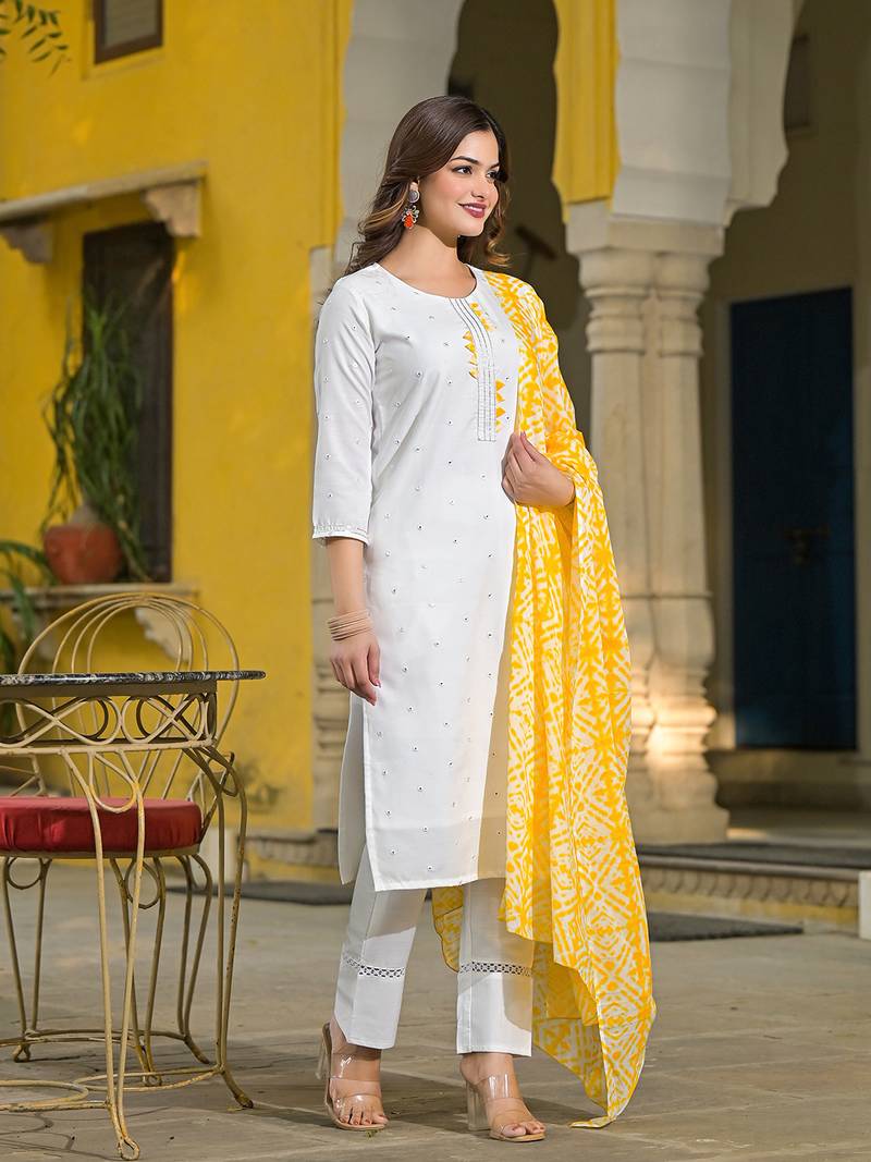 women yellow rayon blend solid embroidered straight kurta trouser with dupatta