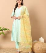 Sea green lurex cotton embroidered festive readymade salwar kameez