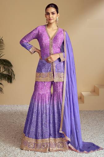 Violet beautiful designer chinon fabric heavy embroidered palazzo suit