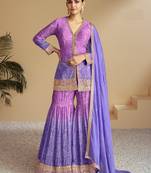Violet beautiful designer chinon fabric heavy embroidered palazzo suit