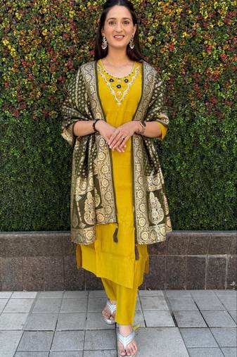 Teal Blue Colour Premium Roman Silk Hand Work A Line Kurta Set
